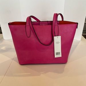 Mondani New York Purse, Pink, orange inside double straps, inside phone pocket.